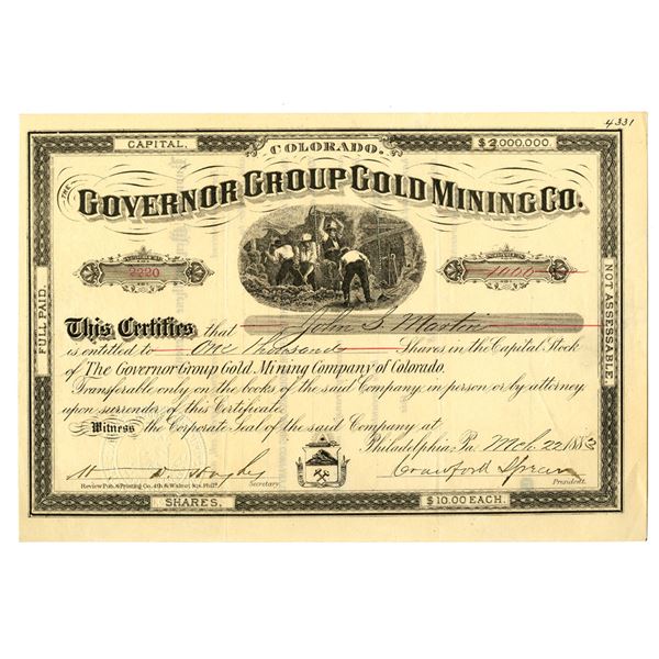 CO. Governor Group Gold Mining Co., 1883 I/U Stock Certificate
