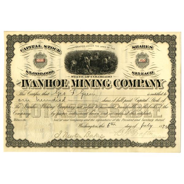 CO. Ivanhoe Mining Company, 1883 I/U Stock Certificate