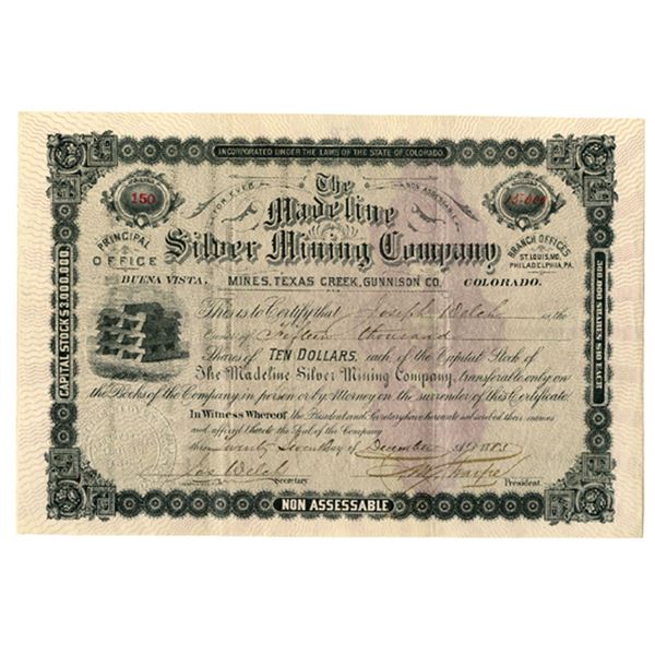 CO. Madeline Silver Mining Co., 1883, I/U Stock Certificate.