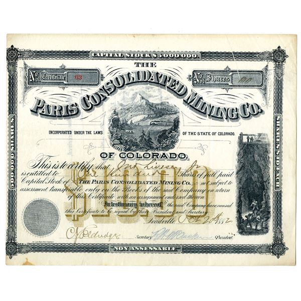 CO. Paris Consolidated Mining Co., 1882 I/U Stock Certificate