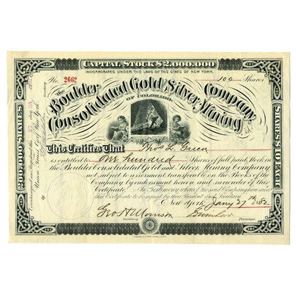 CO. Boulder Consolidated Gold and Silver Mining Company of Colorado, 1882, I/U Stock Certificate.