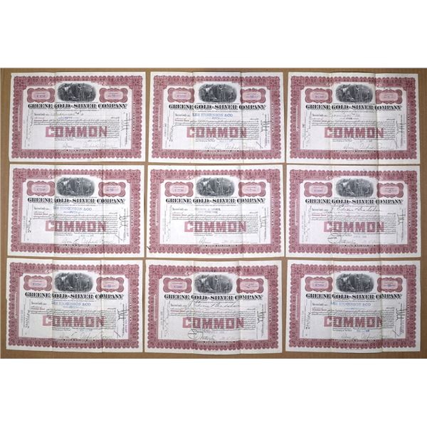 Mexico. Greene Gold-Silver Co., 1906 to 1908, I/U Stock Certificate Group of 9 certificates.