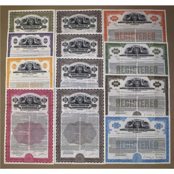 DE. Shell Union Oil Corp., 1939 to 1950, Specimen Coupon & Registered Bond Collection.