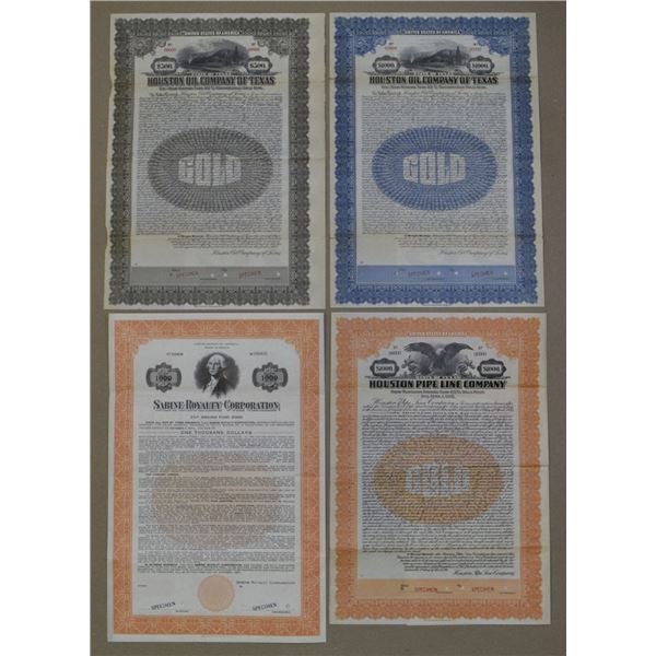 TX. Houston Oil Co. of Texas, and Sabine Royalty Corp., Specimen Bond Quartet, 1925 to 1951.