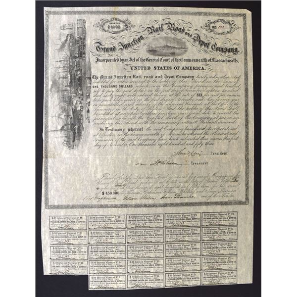 MA. Grand Junction Rail Road and Depot Co., 1853, Issued Bond.