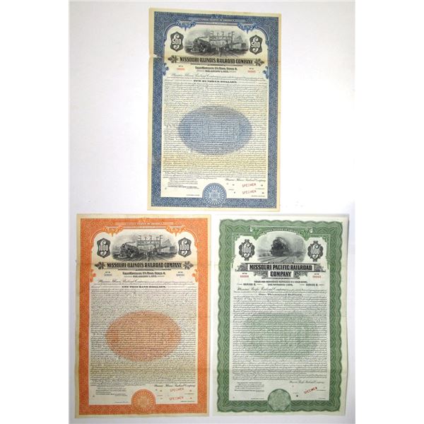 MO. Missouri Pacific Railroad and Missouri Illinois Railroad, 1928-29, Specimen Coupon Bond Trio