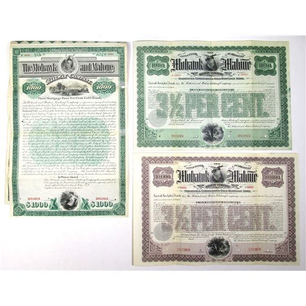 NY. Mohawk and Malone Railway Co., 1892 and 1902, Specimen Gold Bond Trio