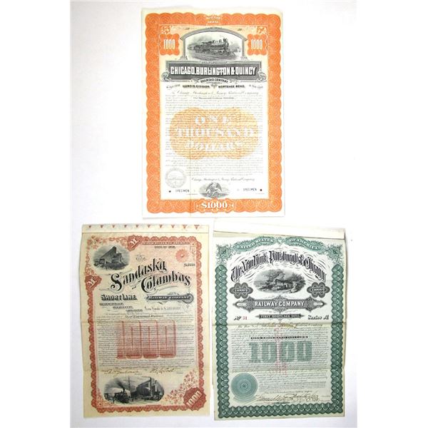 NY, IL, OH. Railroad Coupon Bond I/U and Specimen Bonds, 1881 to 1899.