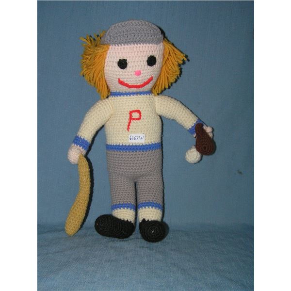 Hand crocheted baseball player plush toy with bat and ball