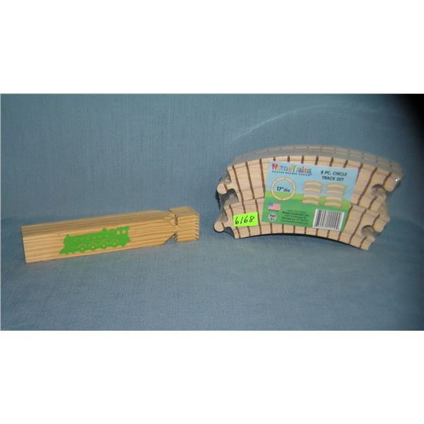 8 piece circle train track set all wood with a train whistle