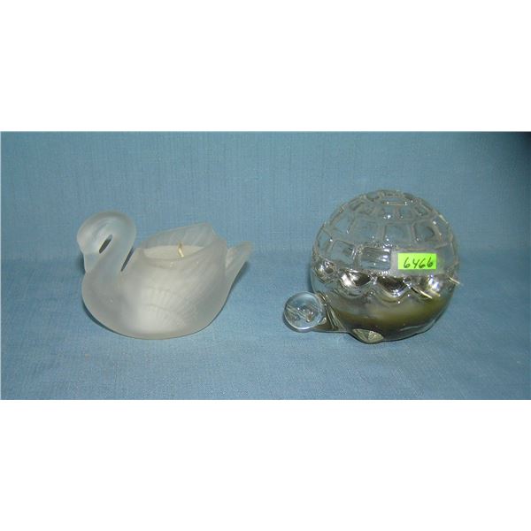 Pair of glass figural swan and turtle candle holders