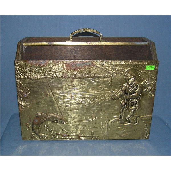 Antique brass and wood fishing themed magazine holder