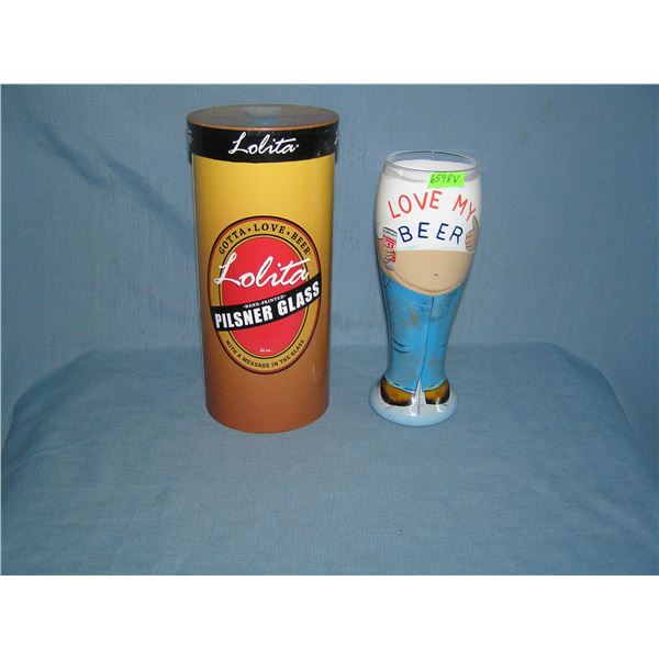 tall beer glass in original box titled Beer Belly by Lolita