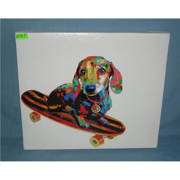Framed canvas dog on skateboard
