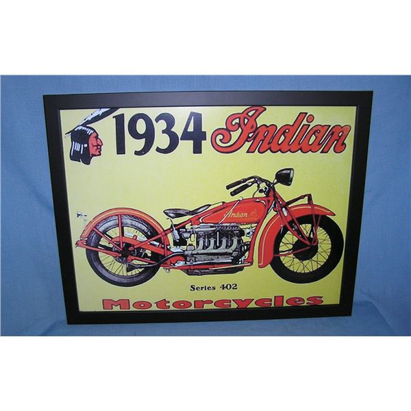 1934 Indian Motocycles framed  retro style advertising sign