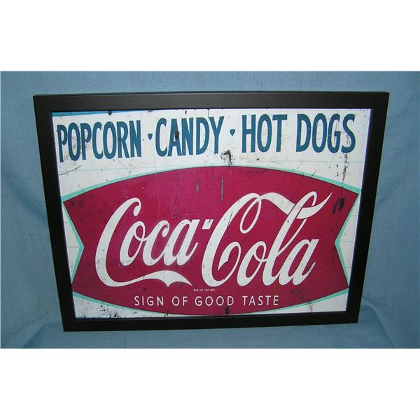 Coca Cola popcorn, candy and hot dogs framed  retro style advertising sign