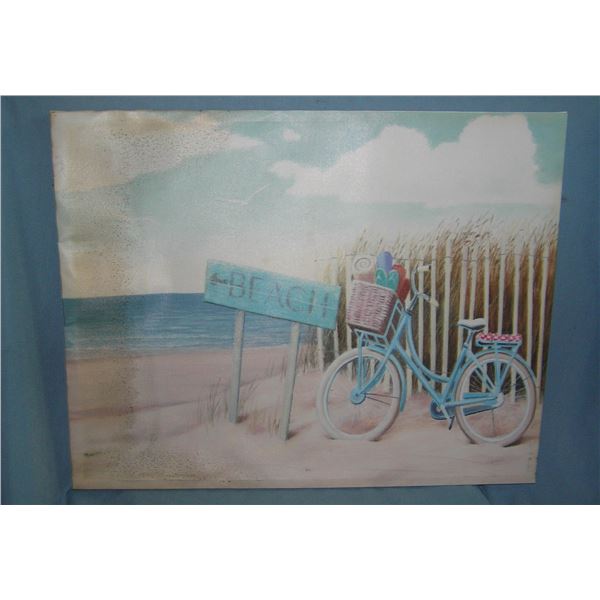 Beach and beach cruiser bicycle scene oil on canvas painting