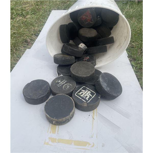 Bucket of 35 Hockey Pucks