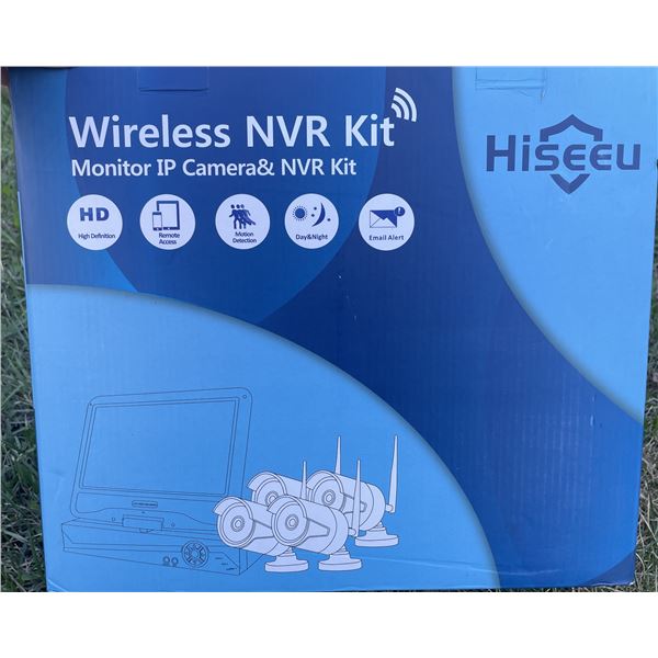 Hiseeu Wireless NVR Kit security camera system featuring a 10.1-inch monitor and four HD IP cameras