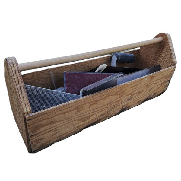Wooden Caddy with tools for masonry and drywall work