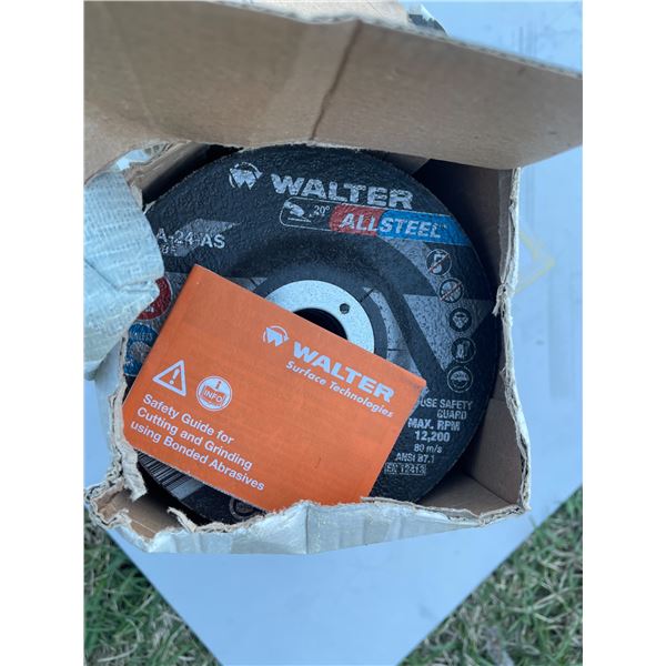 Box of Walter Surface Technologies Allsteel grinding wheels,  we didn't count them but box is full