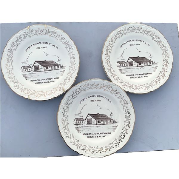 THREE 22K gold porcelain commemorative plates from the Victoria School District No. 75 reunion