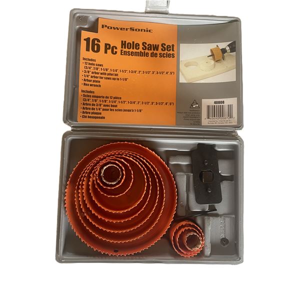 Powersonic 40808 16-piece hole saw set in a plastic carrying case.