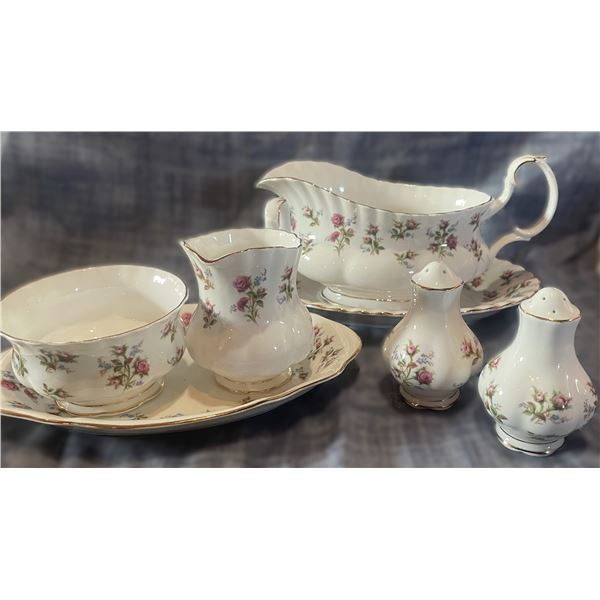Royal Albert Winsome pattern Gravy Boat with plate, Sugar bowl & Creamer with plate, Salt and Pepper