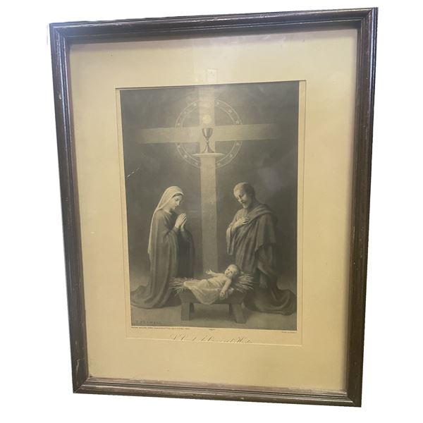 framed antique French holy card featuring the Holy Family at the nativity, published by Bouasse Leb