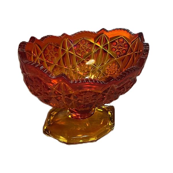 Kemple Wheaton Amberina pressed glass footed compote with a sawtooth edge and sawtooth cut p