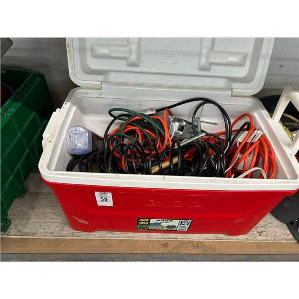 Igloo Red Cooler, Ext. Cord, Air Hose, C Clamp, Tools