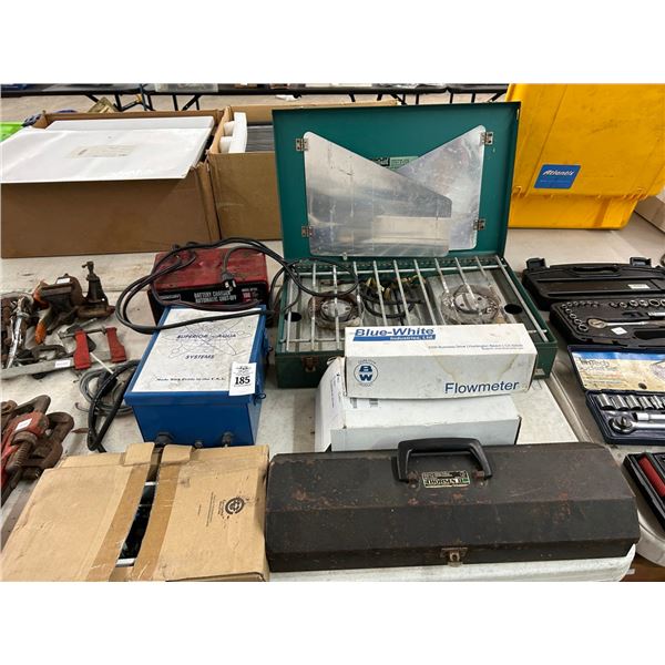 Battery Charger, Camp  Stove, Flow Meter, Toolbox, Controller