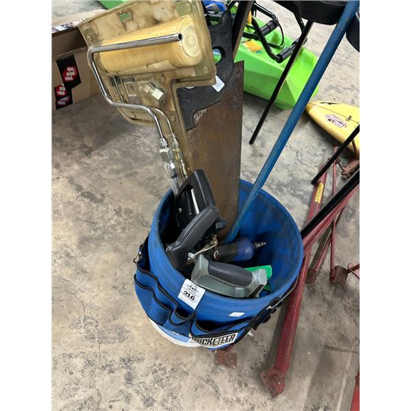 Tool Bucket w/Air Nailer, Saws, Paint Roller