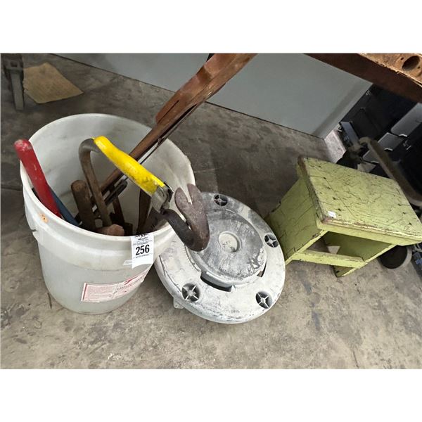 Bucket w/Hand Tools, Brute Can Dolly, Wooden Bench