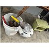 Image 1 : Bucket w/Hand Tools, Brute Can Dolly, Wooden Bench
