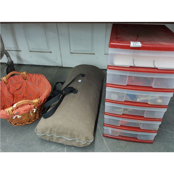 Lined Basket, Carry Pillow, 6 Drawer Bin w/Asst. Holiday Décor