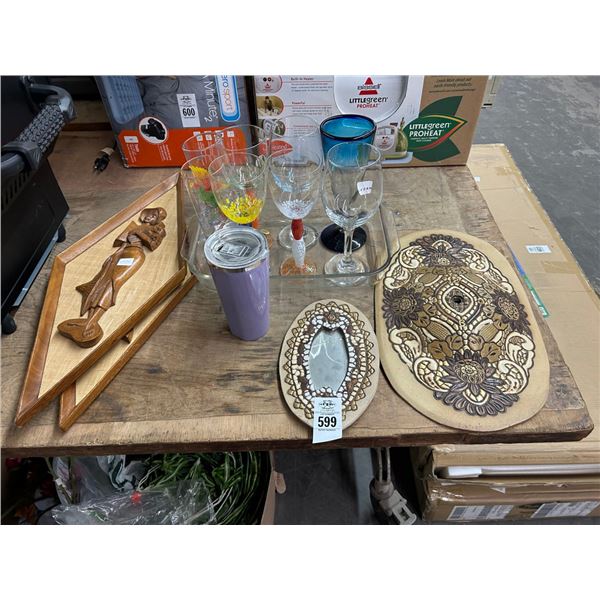 Carved Wall Figurines, Stem Glasses, Mirror, Clay Pedestals