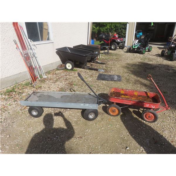 Red Metal Wagon and Metal Cart