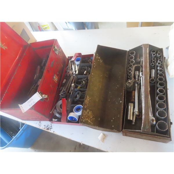 2 Metal Tool Boxes 1/2'' Drive Ratchets Sockets Punches Cresent Wrenches Screwdrivers