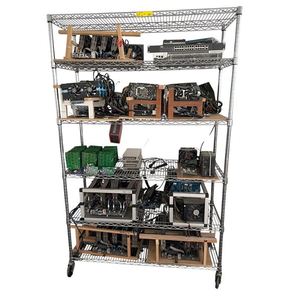 L1 - Large Rolling Rack with Multiple Cryptocurrency Mining Rigs, GPUs, ASIC Boards, Networking & P