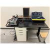 Image 1 : R 177- Group of Misc- includes black table, Classic stereo amplifier/ Wooden speaker/ Smart Battery