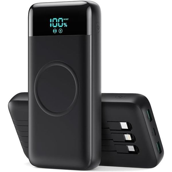 1 High-Capacity Power Bank (40,800mAh) Portable Charger w/ 3-Built In Cables/Wireless Charging - New