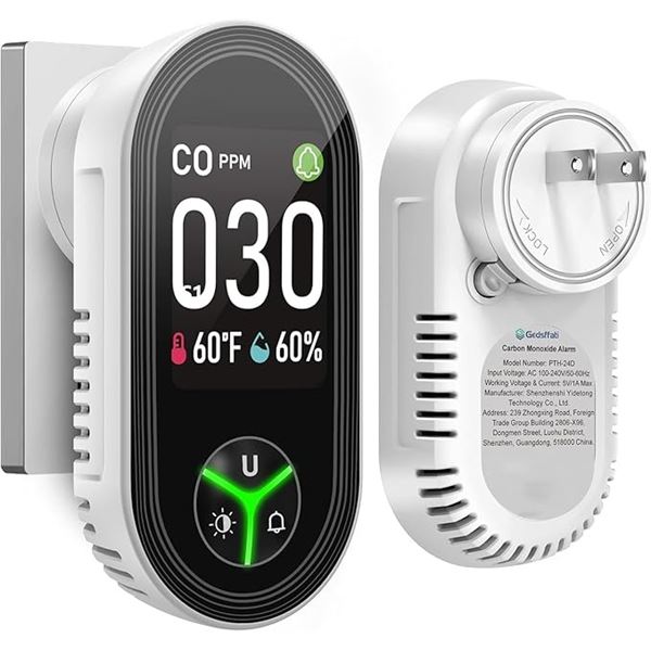 1 Gedsffati 3-in-1 Carbon Monoxide Detector/Temp/Humidity Detector (Model: PTH-24D) Plug-In; New