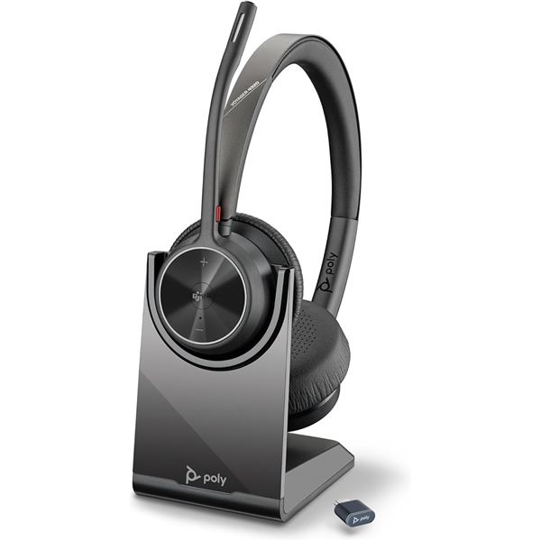 1 Poly Voyager 4320 UC Wireless Headset & Charge Stand - Stereo Headphones w/ Noise-Canceling Boom
