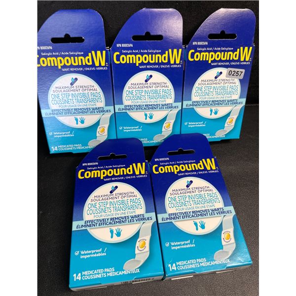 5 Boxes of CompoundW Wart Remover Medicated Pads - Max Strength - 14 Per Box - New
