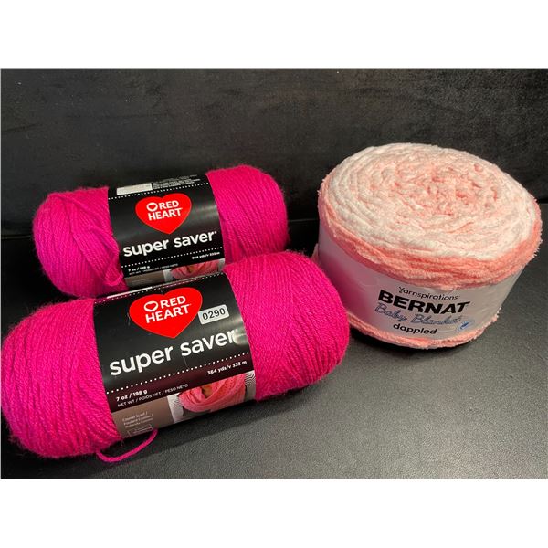 3 Assorted Rolls of Pink Yarn - 2X Red Heart/1X Bernat Baby Blanket Yarn - New