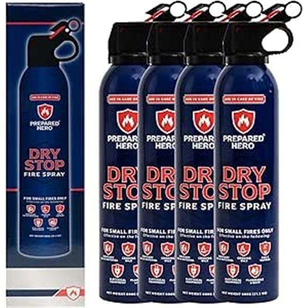 4-Pack of Dry Stop Fire Spray by Prepared Hero; Portable Fire Extinguishers - Easy to Use - New