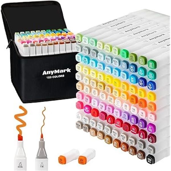 100-Color Set of Anymark Dual-Tip Alcohol Markers/Artist Markers for Drawing & Coloring - New