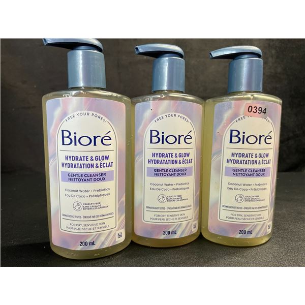3 Biore Hydrate & Glow Gentle Cleansers (200ml) For Dry, Sensitive Skin - New