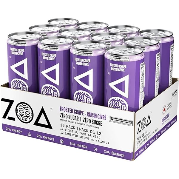 1 Case of ZOA Energy Frosted Grape Zero Sugar Energy Drinks - 12 x 355mL Cans - New